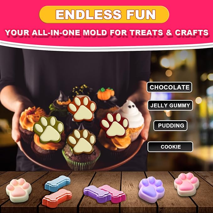 3Pcs Puppy Paw & Bone Silicone Molds - Non-Stick Candy Mold, Reusable Ice Cube Molds for Frozen Dog Treats, Chocolate, Jelly, Biscuit - Food Grade 2-in-1 Dog Treat Mold for Baking and Freezing
