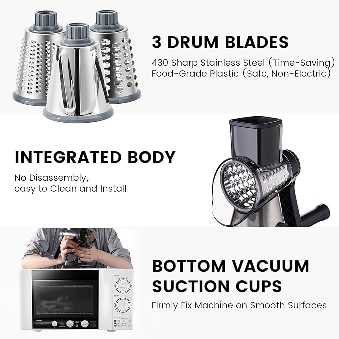HANSGO Rotary Cheese Grater Hand Crank, Shredder Slicer Grinder, 3 Large Diameter Metal Blades & Cleaning Brush, Non-slip Suction Base, Labor-Saving Handle, Kitchen Gadgets for Cheese, Vegetable, Nuts