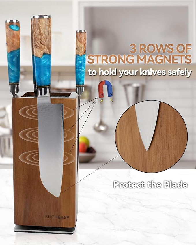 Magnetic Knife Block 360° Rotating Wood Universal Knife Holder with Four Side Ultra Strong Magnets, Knife Storage Rack with Removable Bristles, Multifunctional Storage for Kitchen Counter Top