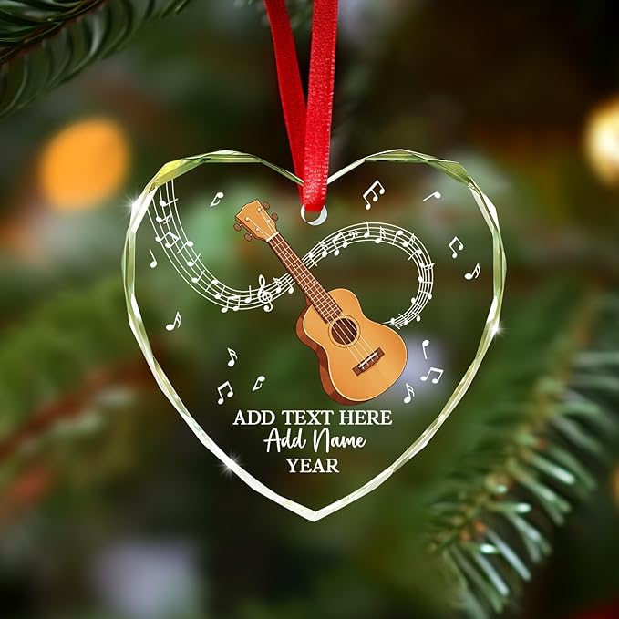 Personalized Ukulele Glass Ornament with Text Name Year, Ukulele Instrument Christmas Tree Ornament, Customized Musical Instrument Christmas Ornaments 2025, Gift for Men Women Music Lover