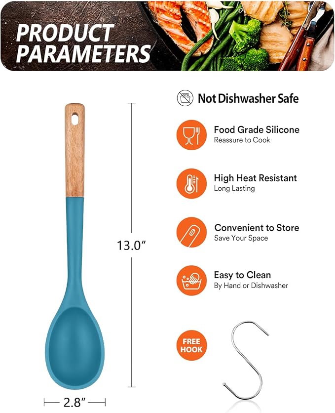 Large Silicone Cooking Spoons, Nonstick Solid Wooden Handle Spoon, Heat Resistan Silicone Kitchen Spoons for Cooking, Serving, Basting, Mixing, 13.2inch (BLUE)