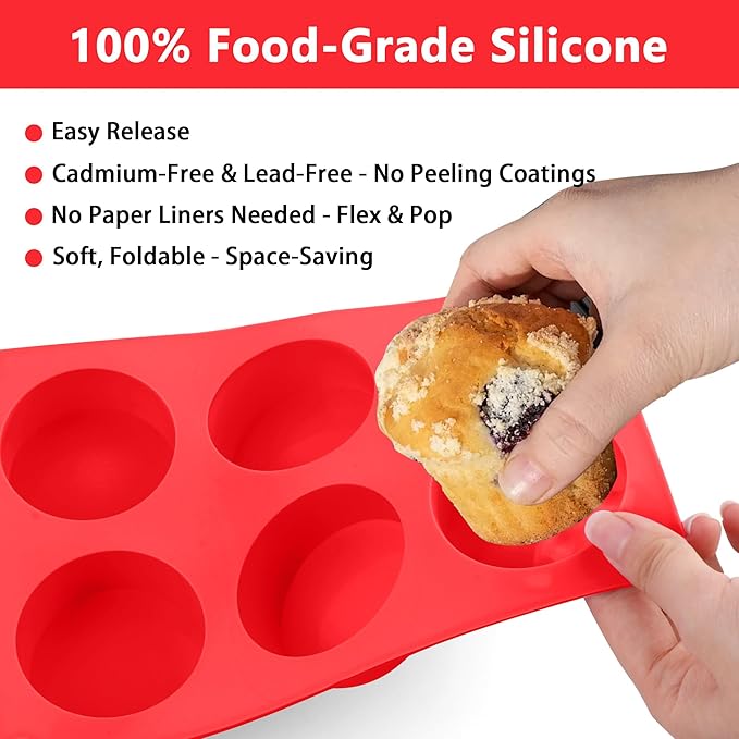 3-Pack 6-Cup Silicone Muffin Pan - Non-Stick Baking Mold for Cupcakes, Muffin Cupcake Pans Molds for Baking, Cornbread, Eggs - Red
