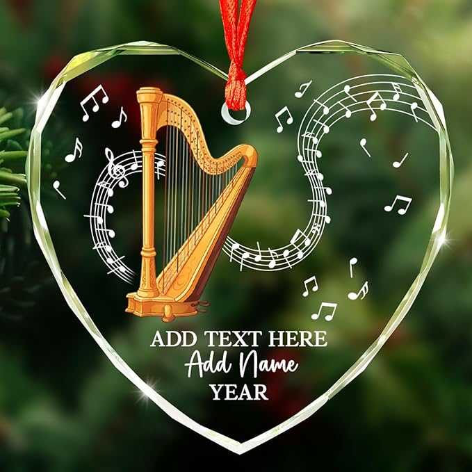 Personalized Text Name Year Harpist Christmas Ornament, Customized Harp Music Instrument Glass Ornaments, 2025 Xmas Ornament Gift for Teacher Student Harp Player, Musician Xmas Decorations