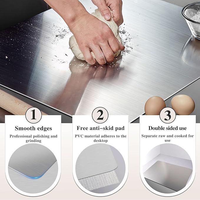 Stainless Steel Cutting Board for Kitchen - 304 Stainless Steel Chopping Boards for Baking, Double-Sided Use for Raw & Cooked Food - Ideal for Homemade Pasta, Pizza & Bread Making (15.7×19.6×0.06")