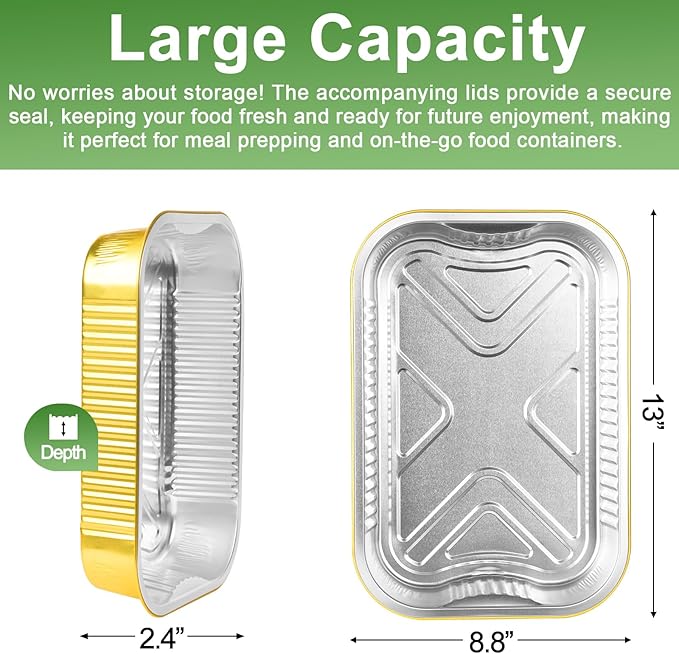 15 Pack 9x13 Gold Aluminum Foil Pans with Lids Heavy Duty 13"×9"×2.4" Foil Food Containers with Lids, Tin Foil Pans for Baking, Meal Prep, Freezer, Heating and Takeout