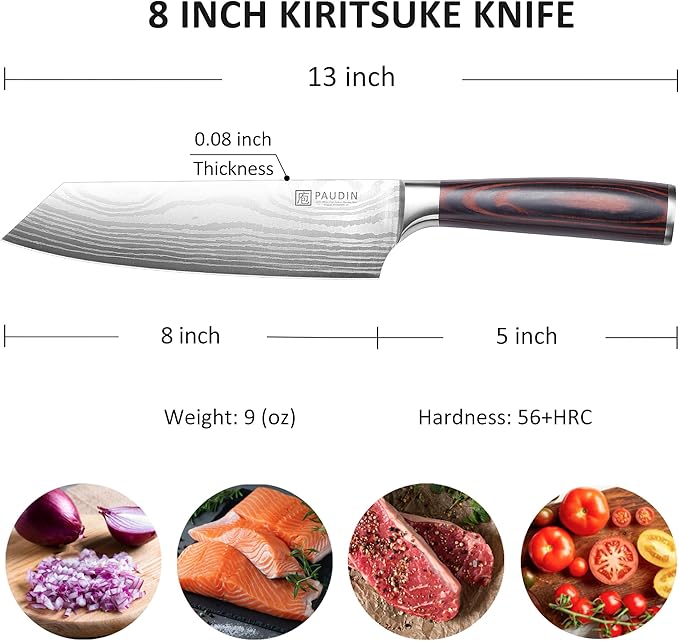 PAUDIN Chef Knife, Sharp High Carbon Stainless Steel Kitchen Knife with Sheath, 8 Inch Professional Santoku knives with Ergonomic Pakkawood Handle, Japanese Chopping Knifes Premium Gift Box