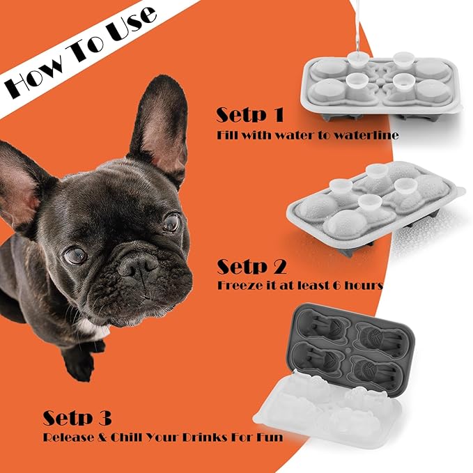 Nax Caki French Bulldog Ice Cube Mold, 4 Hole Fun Shapes Large Frenchie Bull Dog Ice Cube Tray for Whiskey,Cocktail,Bourbon, Cute Novelty French Bulldog Gifts for Decor, BPA Free