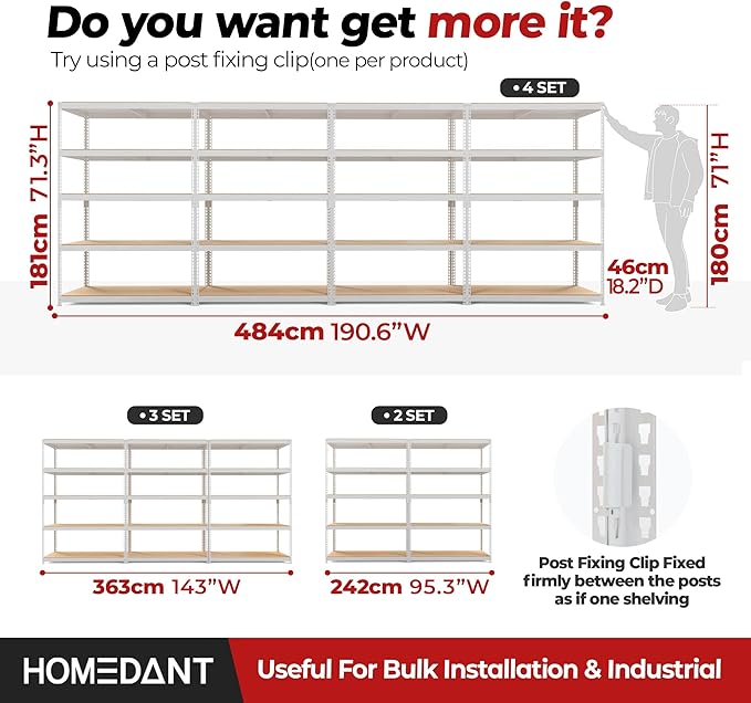 HOMEDANT White 5 Tier Laminated Boltless Heavy Duty Garage Storage Adjustable Wide Size Metal Shelving Unit Utility Rack Shelves Organization Shelf Shed Warehouse 47.7" W x 18.2" D x 71.3" H 4Pack
