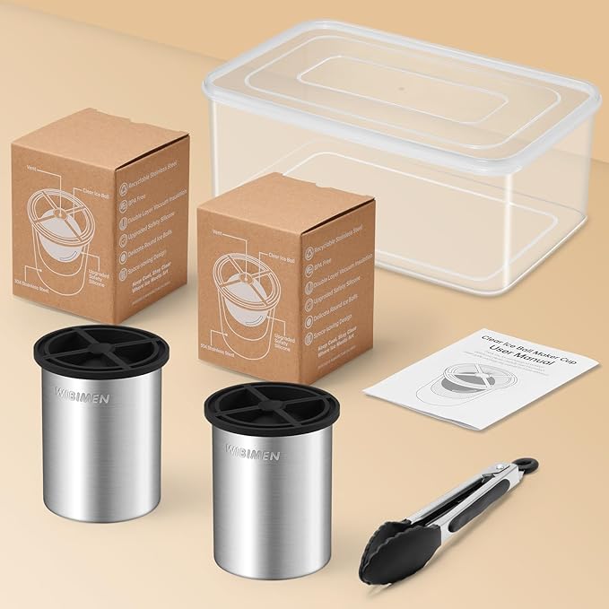Clear Ice Cube Maker - 2.5" Ball - Stainless Steel Clear Ice Maker - Compact Design - for Whiskey, Cocktails, Bourbon - 2 PACK with Ice Tong & Ice Box