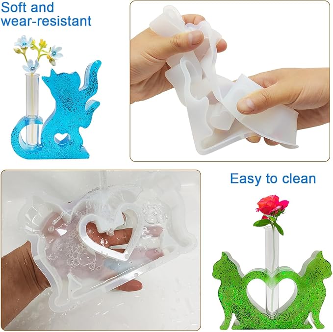 SourceTon Silicone Resin Mold Set for Flower Vases – Includes 2 Cat-Shaped Test Tube Vase Molds and 8 Test Tubes, Epoxy Resin Molds for DIY Floral Decor and Home Crafts