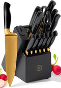 Black and Gold Knife Set with Block and Sharpener – 14-Piece Full Tang Golden Knives with Self-Sharpening Knife Block – Gold Kitchen Accessories for Cooking and Prepping; Ideal for Gifting