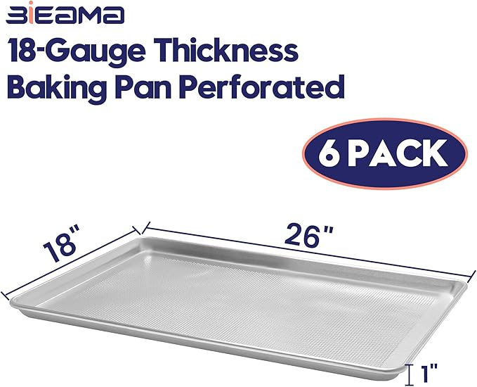 6 Pack Full Size 18" x 26" Aluminum Baking Sheet Pan Perforated, Commercial Bakery Equipment Cookie Sheets, NSF Approved Baking Tray
