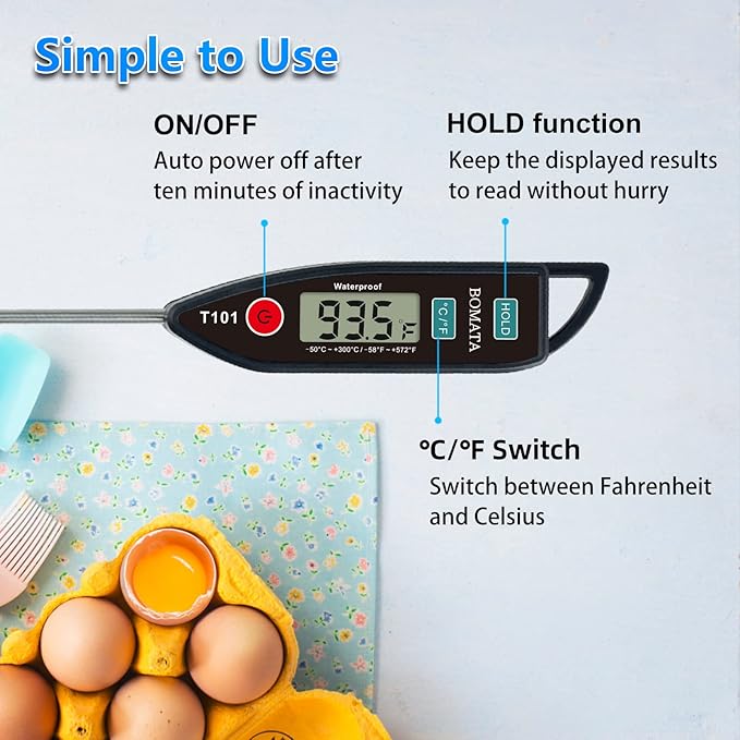 BOMATA Digital Water Thermometer for Water, Liquid, Candle and Cooking. Instant Read Food Thermometer Waterproof IPX7 with Long Probe for Cooking, Meat, BBQ! T101 (Black Color)…