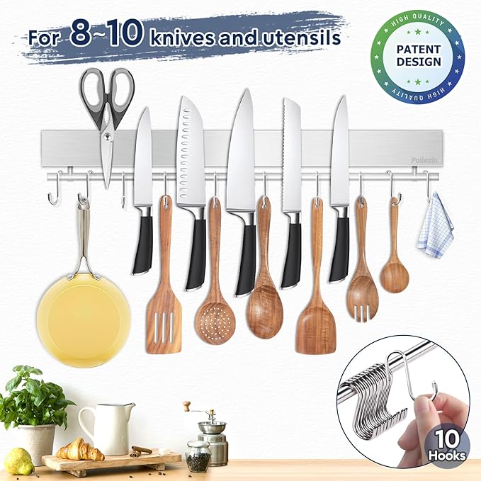 20 inch magnetic knife holder with 10 hooks, no drilling knife magnetic strip, and utensil hanger for wall. Powerful knife magnet rack includes tape and screw