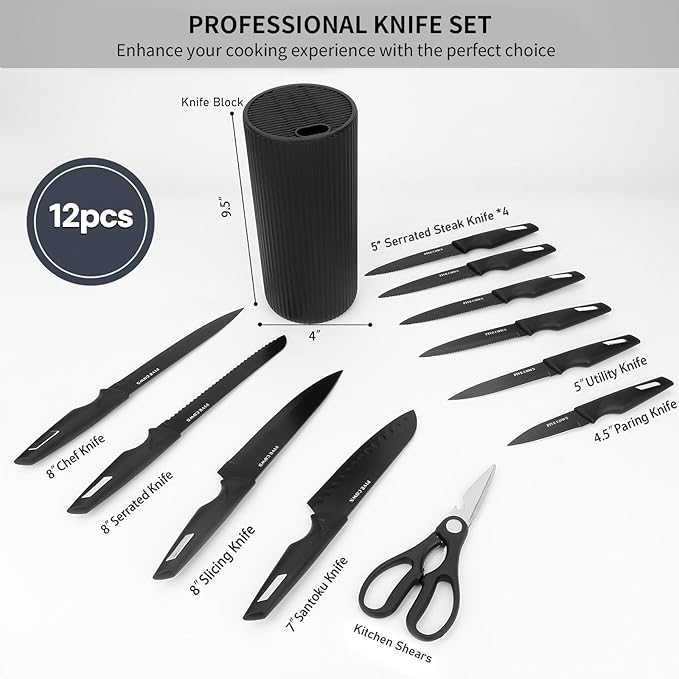 Knife Set,12-Piece Premium Kitchen Knife Set with Universal Knives Block,Anti-Rust Non-Stick High-Carbon Stainless Steel Extra-Sharp Chef Knives for Kitchen,Dishwasher Safe,Non-slip Ergonomic Handle