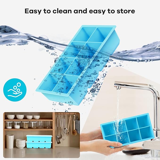 2 Pack Silicone Extra Large Ice Cube Tray - Ice Cube Molds with Lid Reusable & BPA Free, 8 Grids Silicone Large Square Ice Cube Trays Easy Release Ice Cube Tray for Iced Coffee, Cocktail, Whiskey