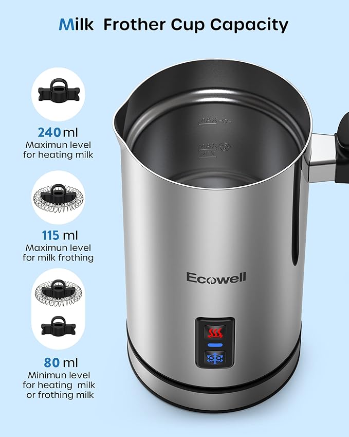 ECOWELL Milk Frother, Coffee Frother Electric, Automatic Hot and Cold Foam Frother, Stainless Steel Milk Steamer and Frother for Latte, Macchiato, Cappuccinos 8.1oz/240 ml Silver, WMMF02