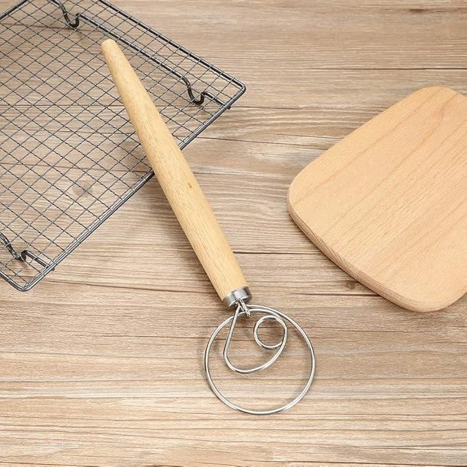Danish Dough Whisk - Bread Making Tools - Danish Dough Hook - Bread Dough Mixer Hand - Bread Dough Whisk for Pastry - Large Stainless Steel Swedish Whisk with Wooden Handle