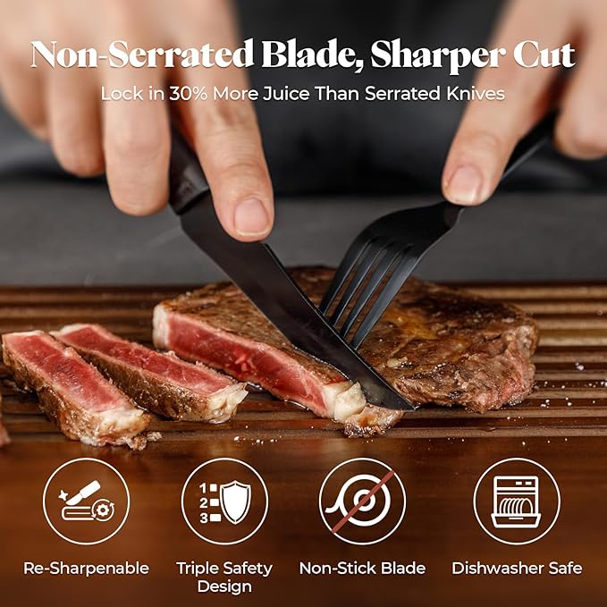 Steak Knives Set of 6, 4.7 Inch Dishwasher Safe Non-Serrated Table Knives, Ultra Sharp for Precise Cutting, Non-Stick Blade & Rust Proof, Easy to Maintain Ideal for Home Restaurant Party