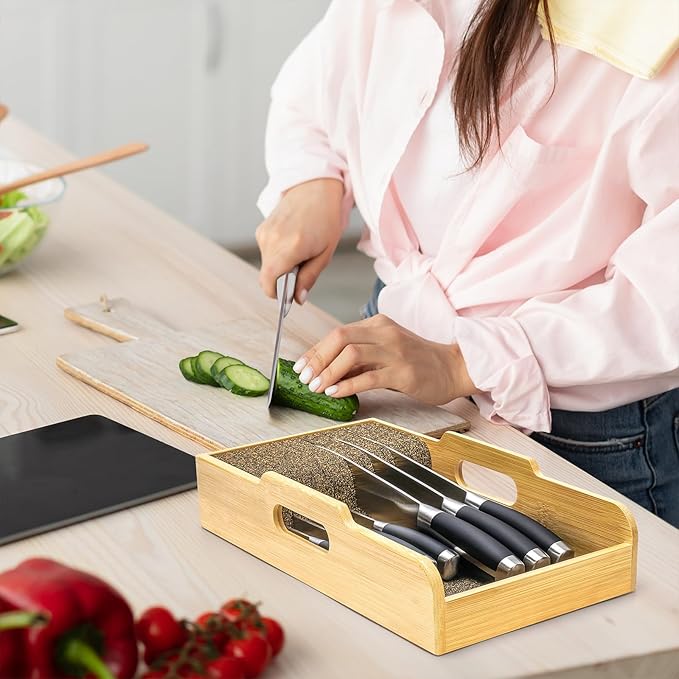Bamboo Knife Drawer Organizer Insert - Kitchen In-Drawer Knife Block Holder, Flexible Dividers for Knives Organization
