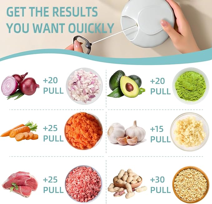 Manual Food Processor Vegetable Chopper, Hand Pull String Garlic Mincer Cutter for Veggies, Fruits, Nuts, Meat, Salad,500ml Gray