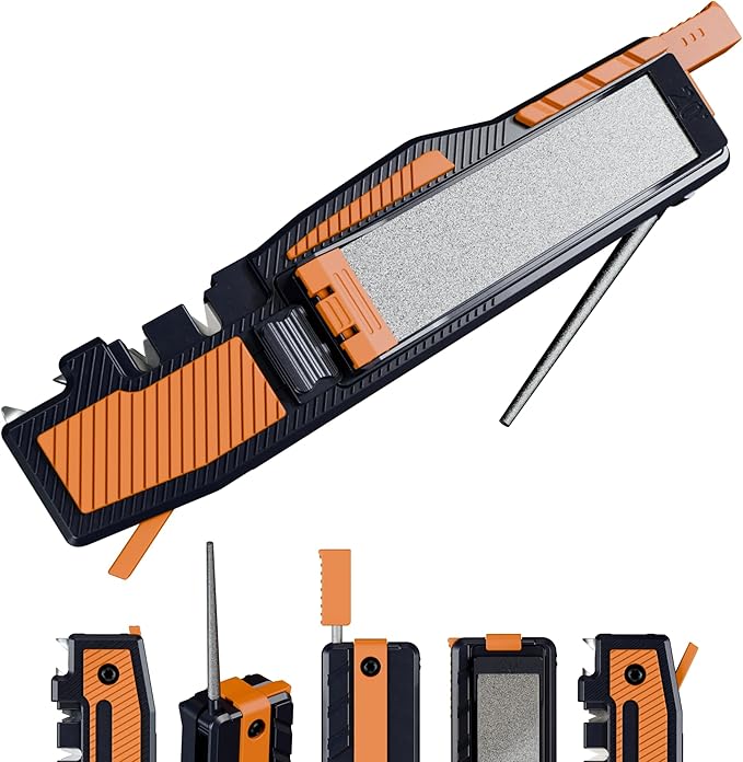 8-in-1 Pocket Knife Sharpener – Guided Diamond Whetstones, Diamond Rod, Leather Strop, 2 Sharpening Slots, Fire-Starter Ferro Rod & Whistle – Outdoor, Yard, Camping by Orange Ninja