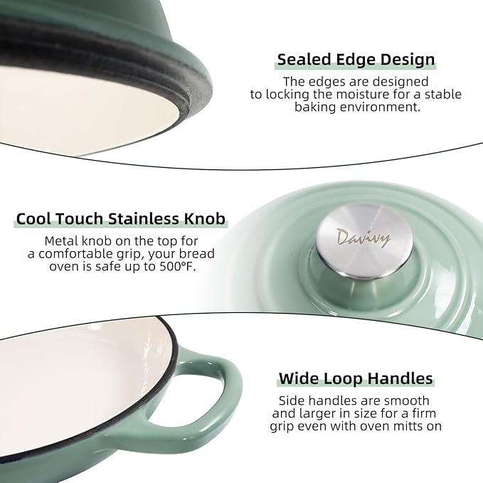 Davivy 5.5QT Sourdough Dutch Oven with Domed Lid, 10" Round Bread Dutch Oven, Enameled Cast Iron Bread Oven, Bread Oven for Sourdough Bread - Sea Salt Green