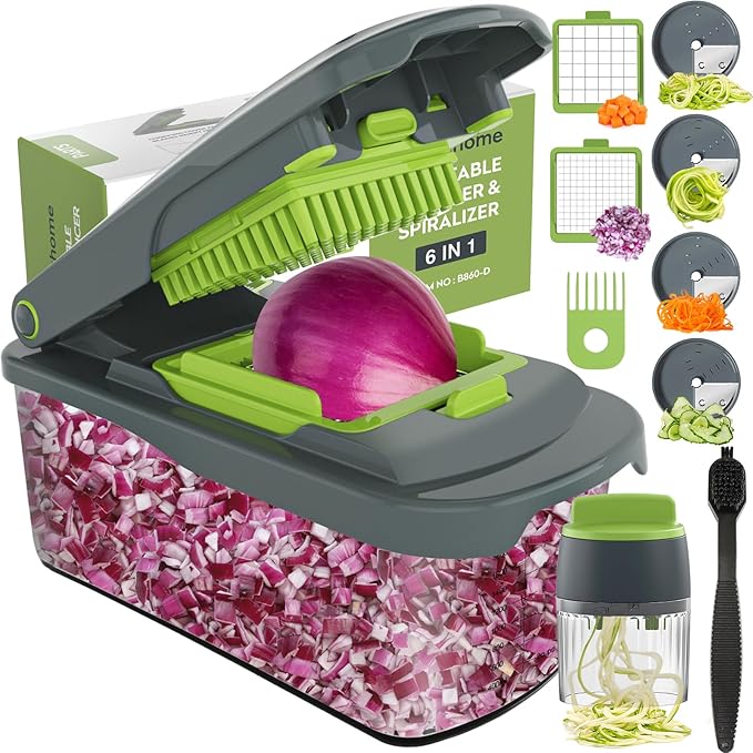 Ourokhome Onion Chopper Dicer with Container, Manual Food Cutter with Handheld Veggie Spiral, Hand Vegetable Mandolin slicer for Potato, Tomato, Carrot, Essential Kitchen Gadget (6 in 1, Gray)