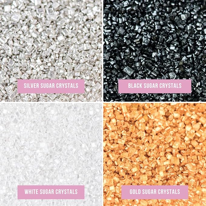 Sweets Indeed Metallic Sugar Crystals 4-Pack – 4.52 oz | Black, Gold, Silver & White Sparkling Sugars in Individual Jars | Premium Baking & Decorating Sugars for Holidays, Parties & Desserts