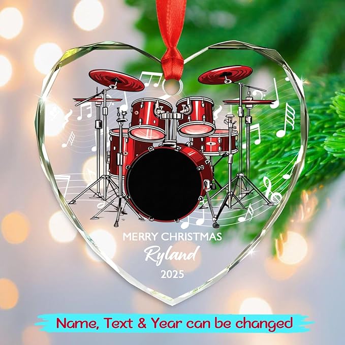 Personalized Drum Musical Instrument Glass Ornament, Customized Year Text Name Christmas Ornaments Gift for Drummer Husband Wife Dad Mom Kids, Unique Drum Set Glass Christmas Ornament for Birthday