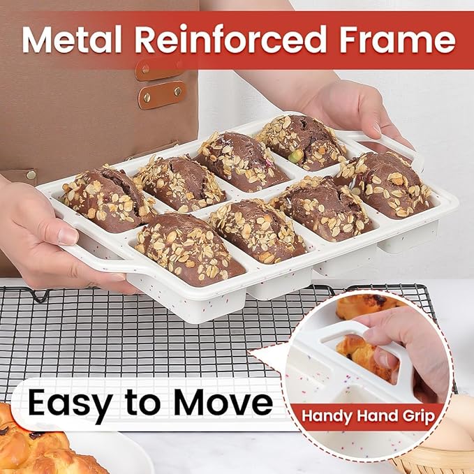 Mini Loaf Pan, Metal Reinforced Silicone Mini Bread Loaf Pan Nonstick Cornbread Pan 8 Cavities Small Loaf Pans for Baking Bread, Loaf, Meatloaf, Brownie, Butter