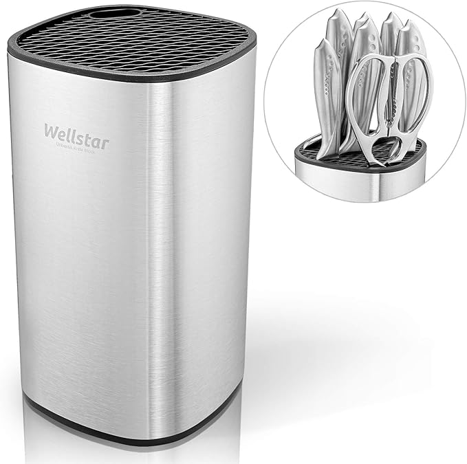 WELLSTAR Universal Knife Block Holder, Stainless Steel Knife Stand Without Knives, Safe Space Saver Large Volume Stable Knife Storage with Scissors Slot, Detachable for Easy Cleaning - Square
