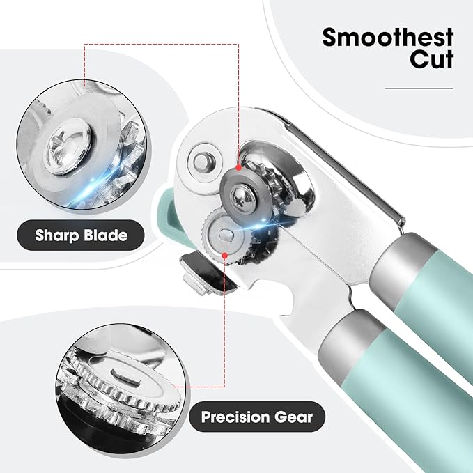 Beneno Heavy Duty Hand Can Opener Manual with Magnet, Durable Sharp Carbon Steel Blade Smooth Cutting, Big Effort-Saving Knob & Soft Grip Handle, Multifunctional Kitchen Tool with Bottle Opener, Mint