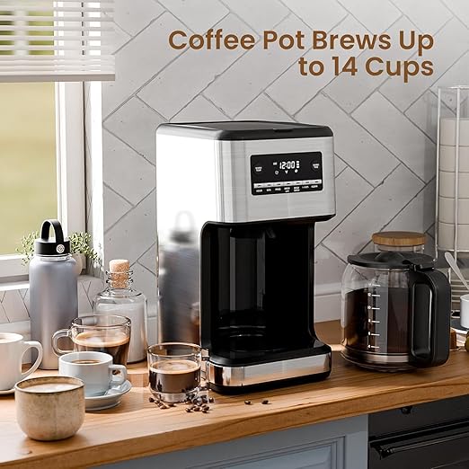 Coffee Maker, 14-Cup Programmable Drip Coffee Makers with Reusable Filter & Keep Hot Plate, Auto Pause Small Coffee Machines with Coffee Pot, Timer, Self-cleaning, for Home, Stainless Steel