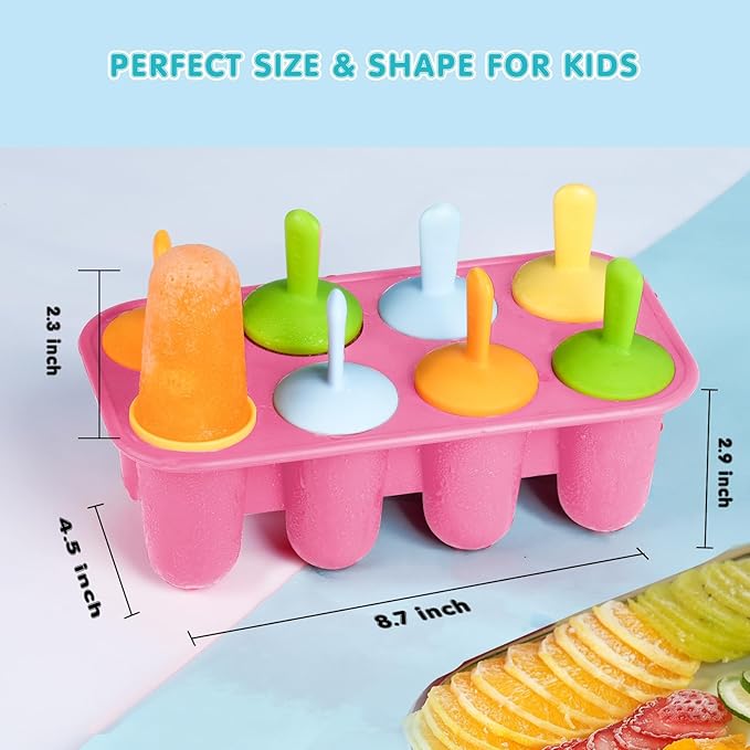 Miaowoof Silicone Popsicles Molds for Toddlers, 8-Cavity Non-BPA Premium Silicone Small Popsicle Molds, Ice Pop Mold with 8 Colorful Reusable Sticks for Kids (Pink)