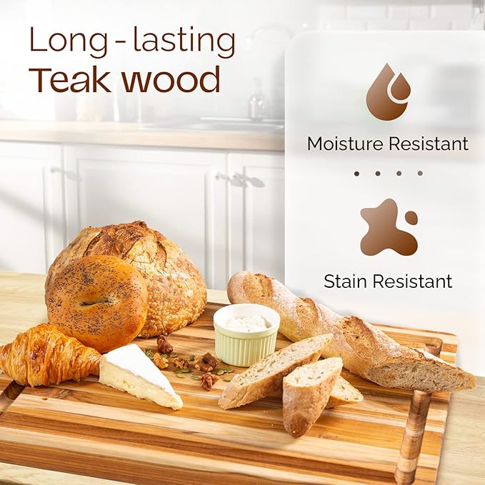 Yes4All Solid Teak Cutting Boards for Kitchen, [24''Lx18''Wx1.5”Thick] Extra Large Edge Grain Butcher Block Cutting Board, Food Safe Surface Wood Cutting Boards with Juice Grooves and Easy Grip Handle