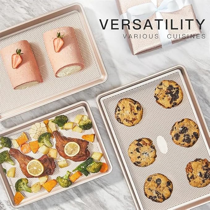 Nonstick Baking Sheet Pan Set of 3, Heavy Duty Cookie Sheets for Oven, 0.6mm Thick Quarter Size & Half Size & Jelly Roll Pan, Rustproof & Easy Clean with Textured Surface(Pink)