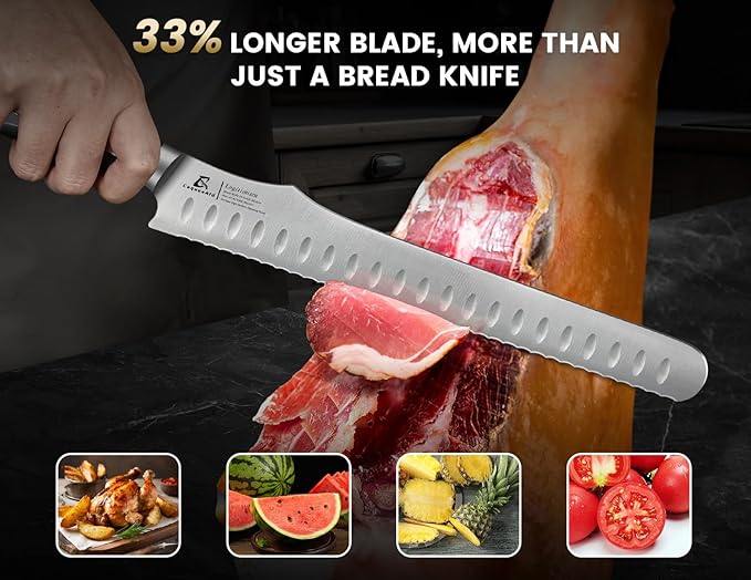 Re-Sharpenable Bread Knife for Homemade Bread, 10.6 Inch Multifunction Serrated Knife, Razor Sharp Slicer, Forged High Carbon German Steel, Full Tang Ergonomic Handle Design for Sourdough Turkey Fruit