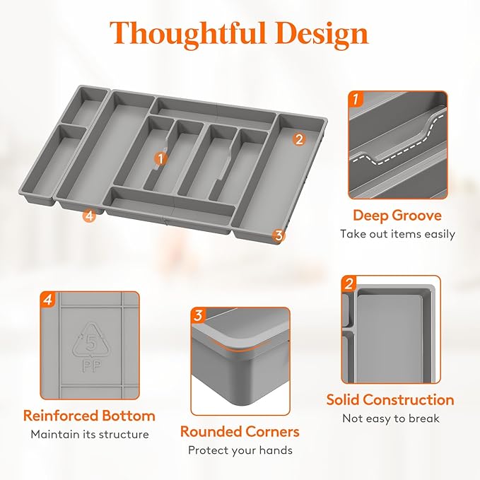 Lifewit Silverware Organizer, Plastic Kitchen Utensil Drawer Tray, Cutlery Flatware Storage Holder for Spoons Forks Knives, 28 x 16 Inches, 10 Compartment, Gray