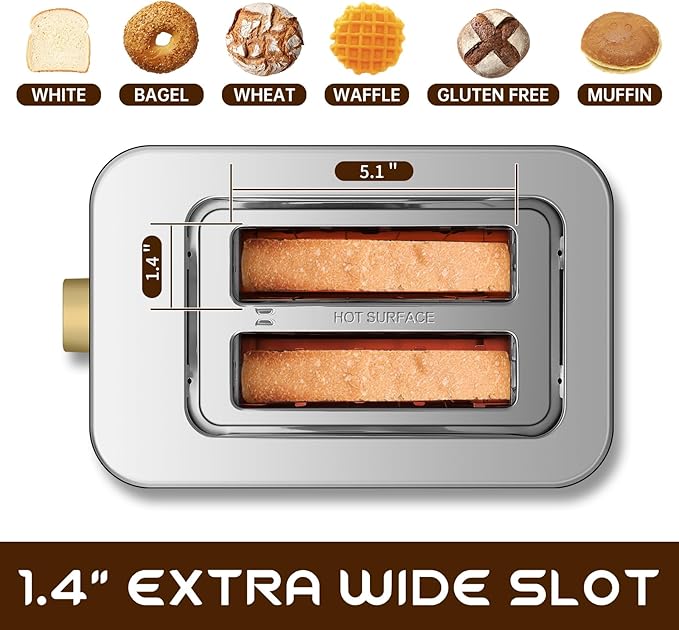 SEEDEEM Toaster 2 Slice, Touch Control Screen, Smart Stainless Toaster, 6 Shade Setting, 6 Bread Selection, Countdown, Removable Crumb Tray, 900W, Silver Metallic
