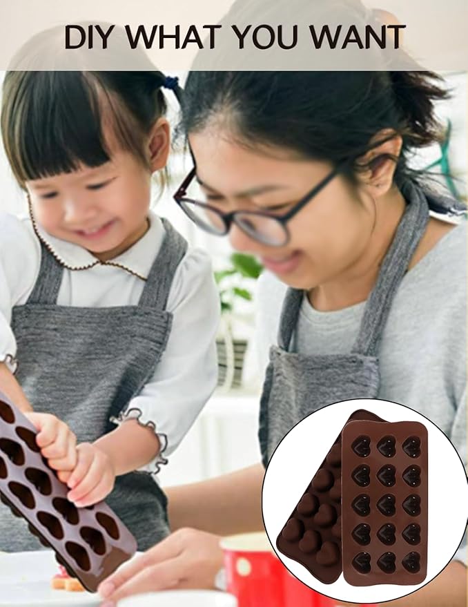 Silicone Chocolate Mold, Heart Shaped Cavities for Easy Release Treats 15 Cavity Candy Bar Gummy Molds for Valentine Baking, Pistachio, Candy, Snacks