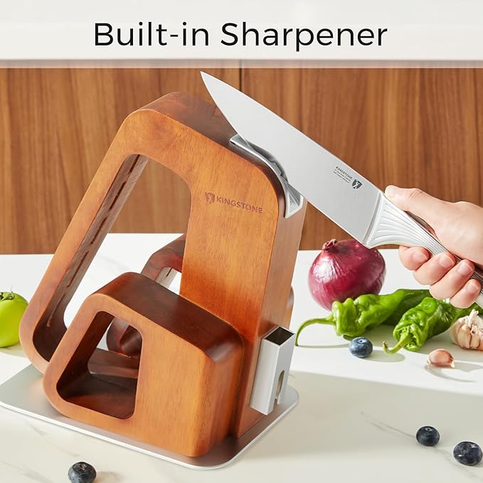 KINGSTONE Kitchen Knife Set with Block,14 Pcs German Stainless Steel Knife Set with Built-in Sharpener, Dishwasher Safe Knife Block Set (walnut, 14pcs)