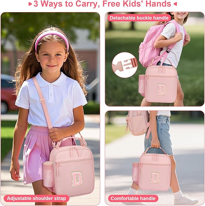 Initial Insulated Lunch Bag for Girls Kids, Back to School Gift, Reusable Leak-proof Lunch Box with Adjustable Strap for School Daycare Travel Picnic (Pink,D)