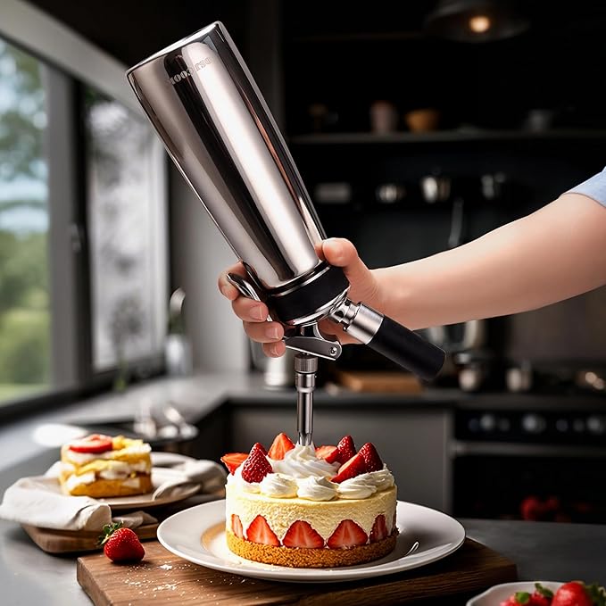 OSJCOOK Whipped Cream Dispenser Stainless Steel Cream Whipper Mirror Finish,500 mL/1 Pint Professional Cream Maker,5 Various Stainless Decorating Nozzles,1 Cleaning Brush,N2O Chargers NOT included