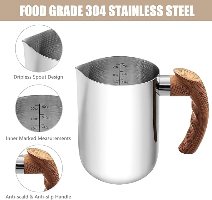 Milk Frothing Pitcher, 20oz Milk Frother Cup 304 Stainless Steel Steaming Pitcher with Art Pen Milk Coffee Jug Cup with Heat-resistant Handle and Scale