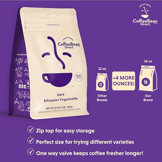 Coffee Bean Direct Dark Ethiopian Yirgacheffe, Whole Bean Coffee, Dark Roast, 1 Pound Bag (Pack of 1)