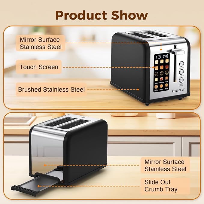 2 Slice Touch Screen Toaster, Stainless Steel Toaster with Wide Slots for Bagels and Bread, Reheat/Defrost/Cancel Functions, Removable Crumb Tray, Matt Black