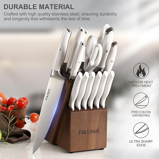 Knives Set for Kitchen, FIKSHOT 14PCS Kitchen Knife Set with Block, High Carbon Stainless Steel Full Tang Knife Sets Razor-Sharp Blade Professional Chef's Knife for Housewarming (WHITE)