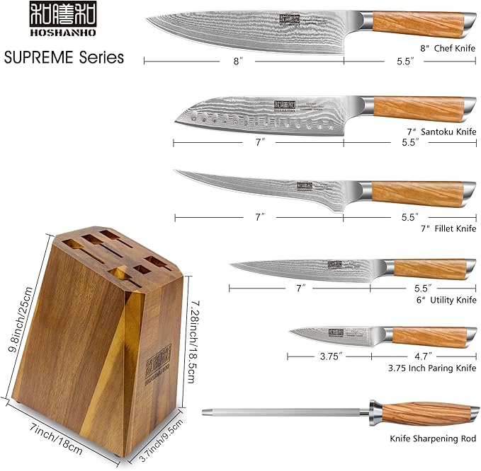 HOSHANHO Knife Set with Block 7-Piece, Professional 67-layer Damascus Super Steel Kitchen Knife Sets for Cooking, Ultra Sharp Knife Set with Sharpener
