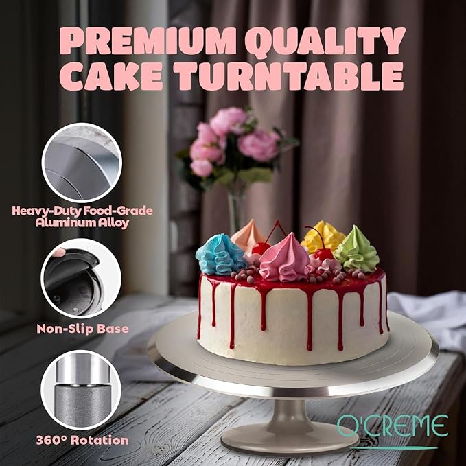 O’Creme Cake Turntable Stand, 12 inch – Heavy-Duty Aluminum Alloy Rotating Turn Table Display Lazy Susan for Decorating Cakes & Cupcakes with Non-Slip Base- Ideal for Weddings, Birthdays